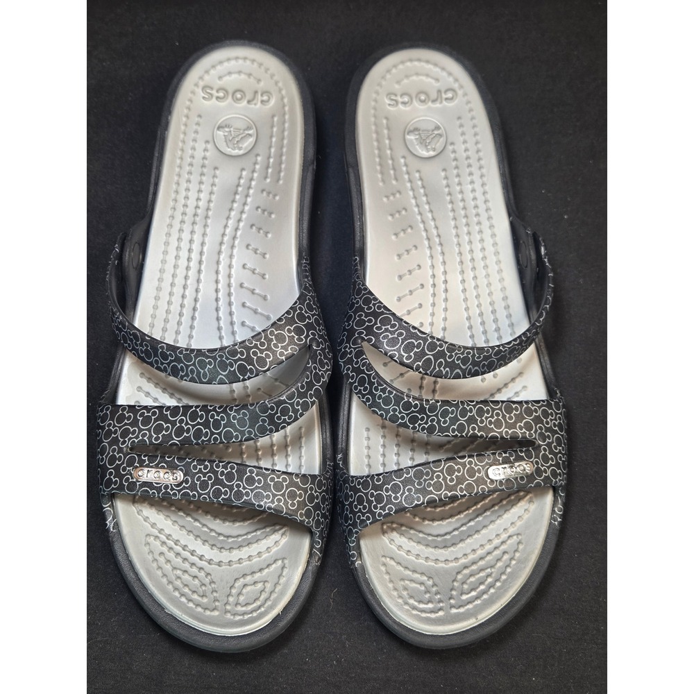 Crocs Disney Mickey Mouse Strappy Wedge Sandals Black Silver Womens 10 Slide